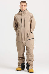 Men's Khaki Stylish Waterproof & Windproof Loose-Fit One-Piece Ski Suit with Detachable Hood & Multipockets